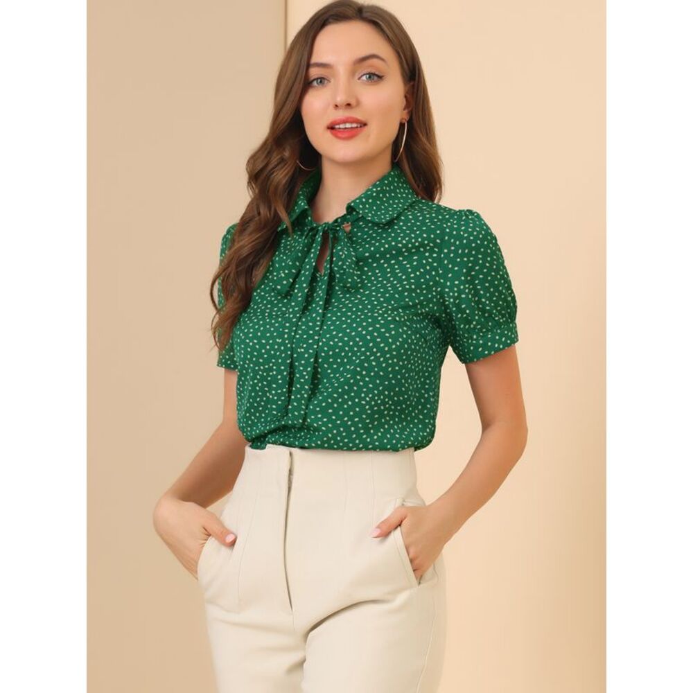 Dots Blouses Bow Tie Peter Pan Collar Chiffon Blouse Dark Green - Picture 2 of 6